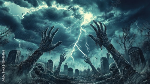 A scene of an entire cemetery with zombie hands reaching out of multiple graves, under a menacing stormy sky and lightning strikes