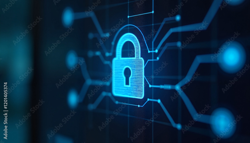 Digital padlock icon glowing on dark screen, cybersecurity concept