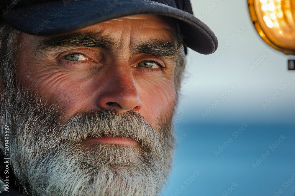 Portrait of an Elderly Lighthouse Keeper with a Glowing Lighthouse at Sunset, Generative AI Portrait of an Elderly Lighthouse Keeper with a Glowing Lighthouse at Sunset, Generative AI