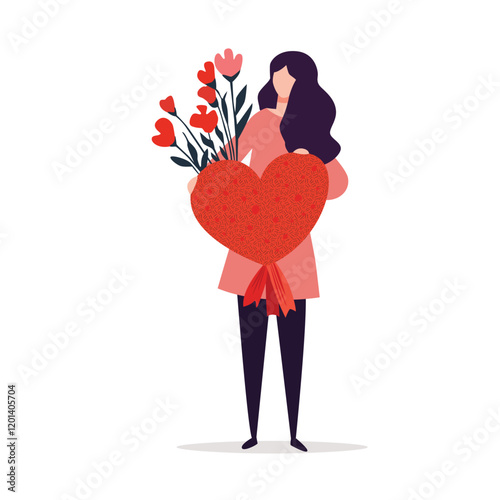 A young woman hold a big heart and flowers with love and care. Happy woman with gift on Valentine day and family day  isolated on white background