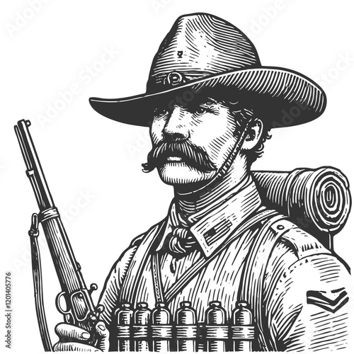 vintage soldier holding a rifle, wearing a wide-brimmed hat and carrying a rolled pack on his back sketch engraving generative ai vector illustration. Scratch board imitation. Black and white image.