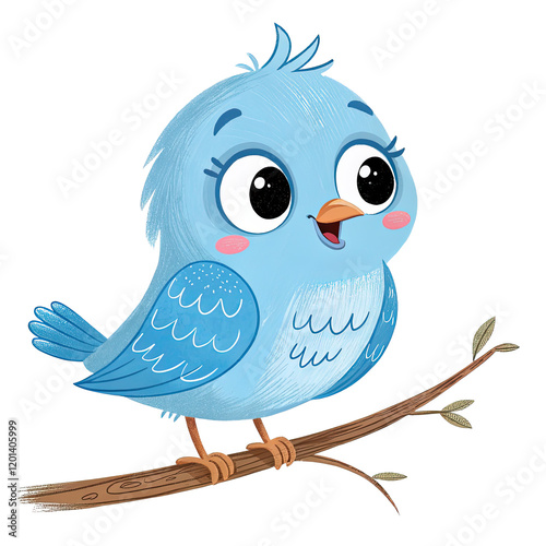 Cute blue bird sitting on a branch in cartoon style