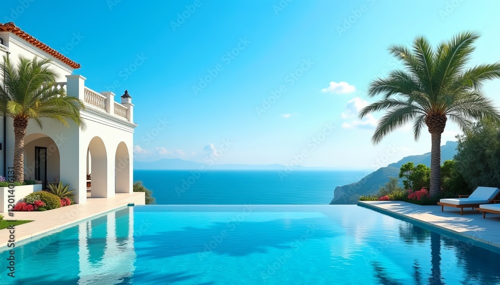 Fototapeta premium Luxury villa with infinity pool overlooking the ocean. Stunning coastal views and palm trees create a serene escape.