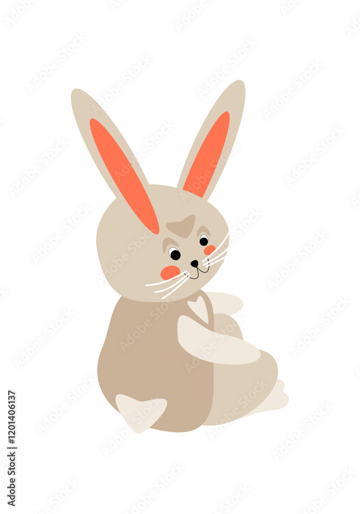 Sitting half-turned gray cartoon rabbit. Vector illustration for design of cards, banners, invitations, packaging, prints for clothes Sitting half-turned gray cartoon rabbit. Vector illustration for design of cards, banners, invitations, packaging, prints for clothes