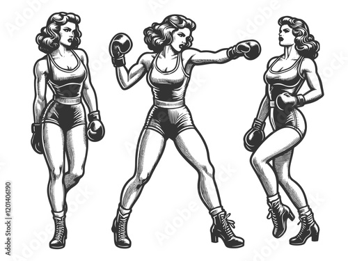 pin-up style female boxer, strong and dynamic action pose with boxing gloves sketch engraving generative ai fictional character vector illustration. Scratch board imitation. Black and white image.
