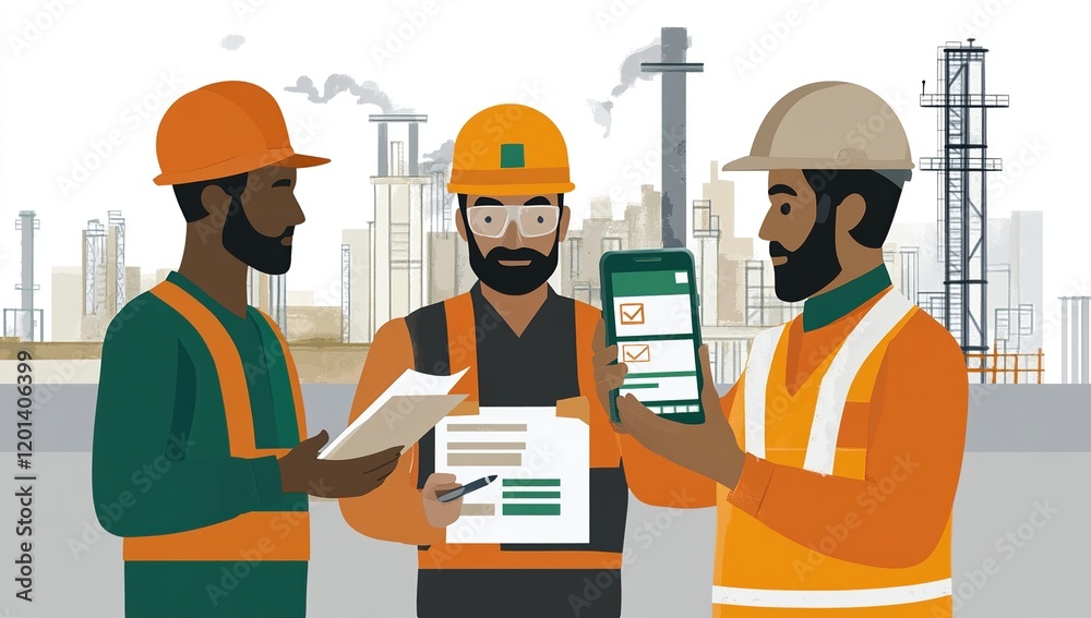 Industrial Workers Collaborate on Digital Forms and Mobile App for Efficient Workflow in a Modern Factory Setting. Industrial Workers Collaborate on Digital Forms and Mobile App for Efficient Workflow in a Modern Factory Setting.