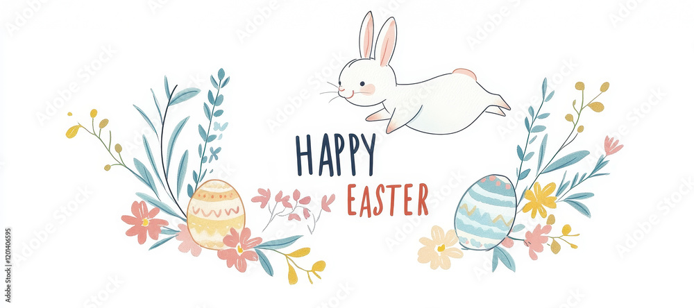 Fototapeta premium Easter bunny jumping over eggs with floral decorations and cheerful colors