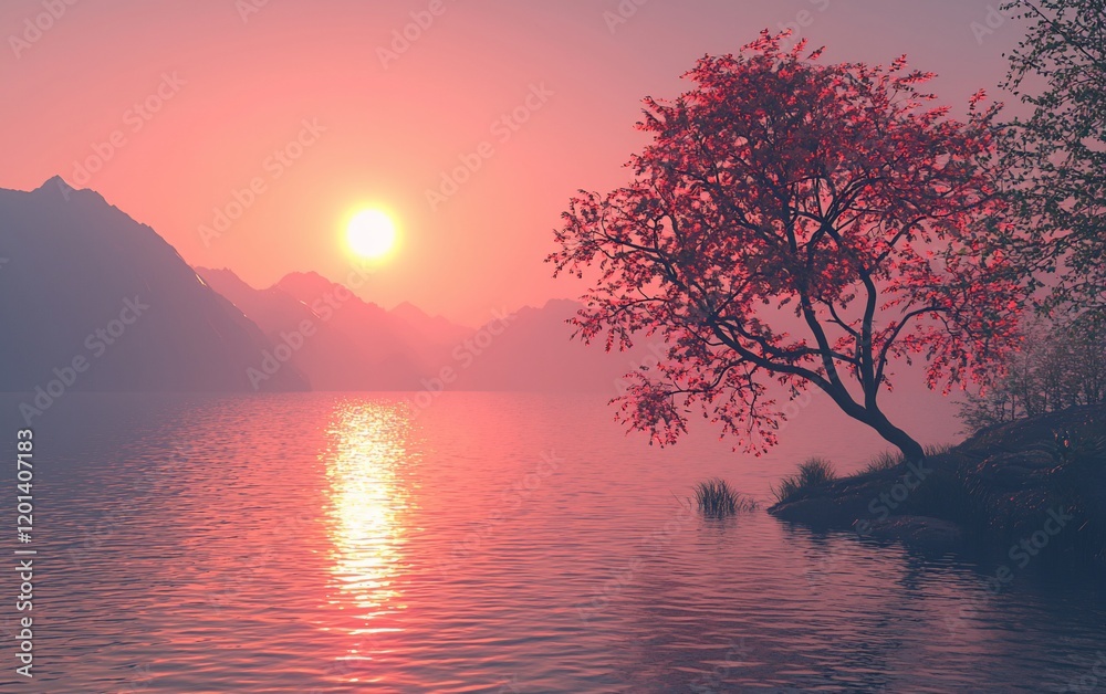 Serene sunset over calm lake with solitary red tree. Serene sunset over calm lake with solitary red tree.