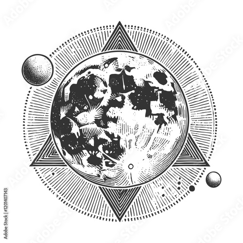 the moon, showcasing intricate craters and textures, symbolizing celestial beauty and mystery sketch engraving generative ai vector illustration. Scratch board imitation. Black and white image.