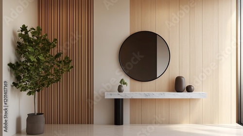 Modern entryway with a marble console table, wooden wall cladding, and minimalist decor for a welcoming atmosphere. interior design concept