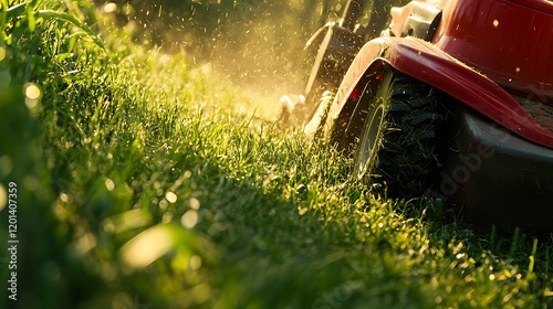 An up close view of a red mowers slicing through verdant grass on a bright day