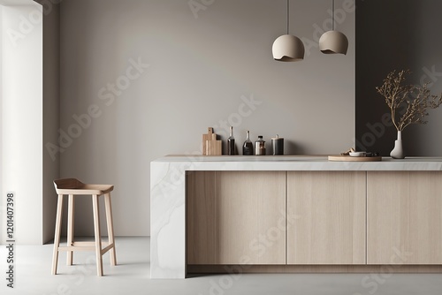 Open living area interior design with a marble bar counter, light wooden cabinetry, and a mix of metallic and wooden decor accents.