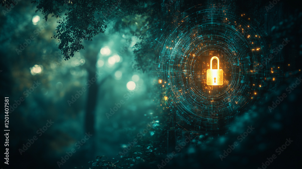 Fototapeta premium Enchanted Forest Security: A glowing padlock icon, symbolizing digital security, emerges from a mystical forest scene. The image blends natural beauty with technological protection.