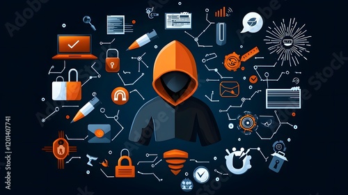 Abstract illustration of a cloaked figure amid a network of security symbols, digital icons, and technological elements photo