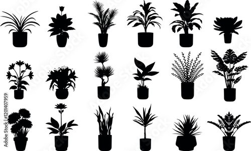 Set of Potted Houseplant Silhouettes and Succulents for Home Interiors