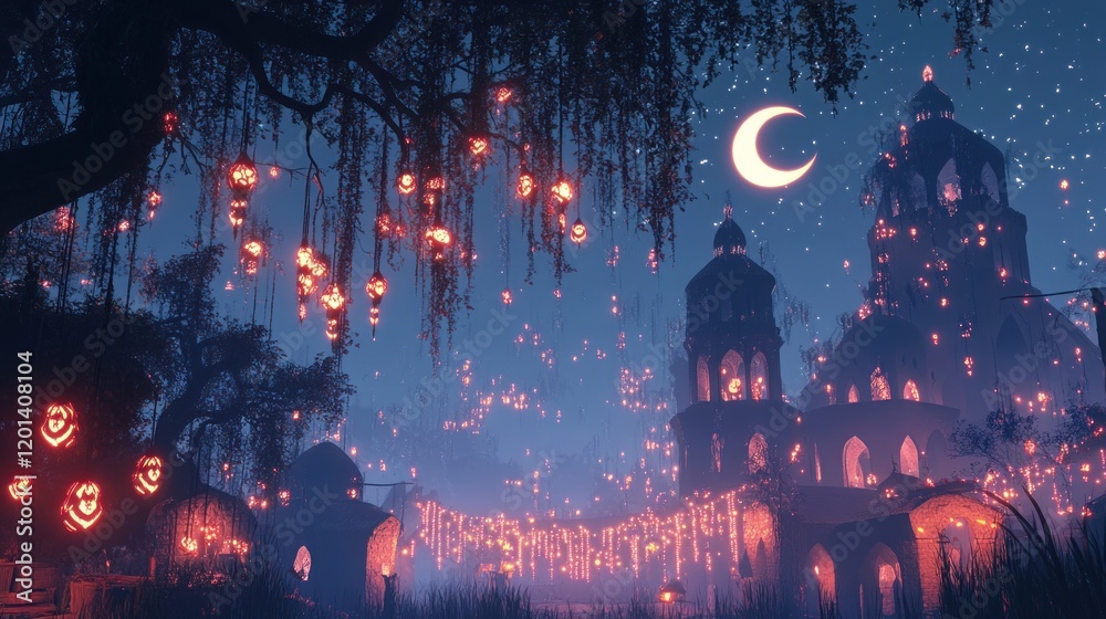 Obraz premium Enchanting Night Scene with Illuminated Buildings and Trees
