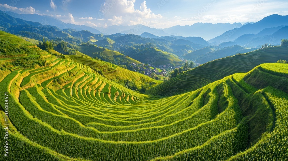 A vast rice paddy field with symmetrical green rows, bordered by a dirt path and a distant village under the sunny sky A vast rice paddy field with symmetrical green rows, bordered by a dirt path and a distant village under the sunny sky
