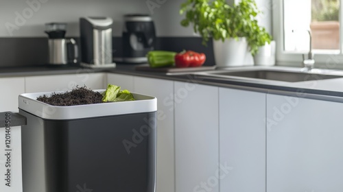 A modern composting bin in a sleek kitchen, representing sustainable living and waste reduction, Sustainable living scene photo