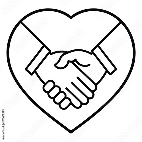 Handshake in a Heart Frame, A sleek line art illustration of two hands shaking inside the outline of a heart, emphasizing themes of trust, empathy, and meaningful connections