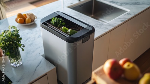 A modern composting bin in a sleek kitchen, representing sustainable living and waste reduction, Sustainable living scene photo