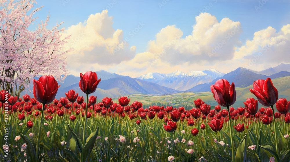 Naklejka premium A vibrant field of red tulips bordered by blooming cherry blossoms, with a sunny sky and distant mountains