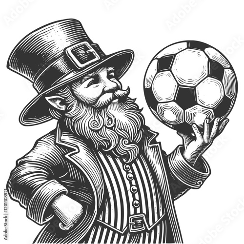leprechaun kicking a soccer ball, holding a pot of gold, with shamrocks in the background sketch engraving generative ai vector illustration. Scratch board imitation. Black and white image.
