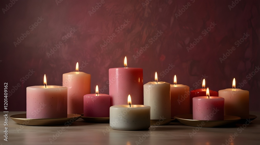 Candles of varying heights and colors are positioned on table trays. Each candle flickers gently, casting a warm glow against a rich, textured wall, creating a serene atmosphere. Candles of varying heights and colors are positioned on table trays. Each candle flickers gently, casting a warm glow against a rich, textured wall, creating a serene atmosphere.