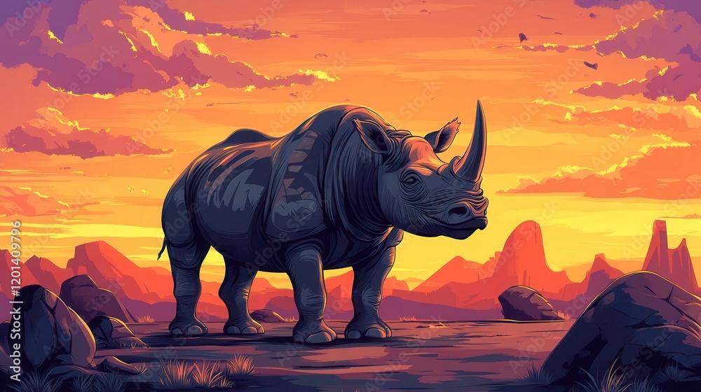 Fototapeta premium Majestic Rhino at Sunset in the African Savanna