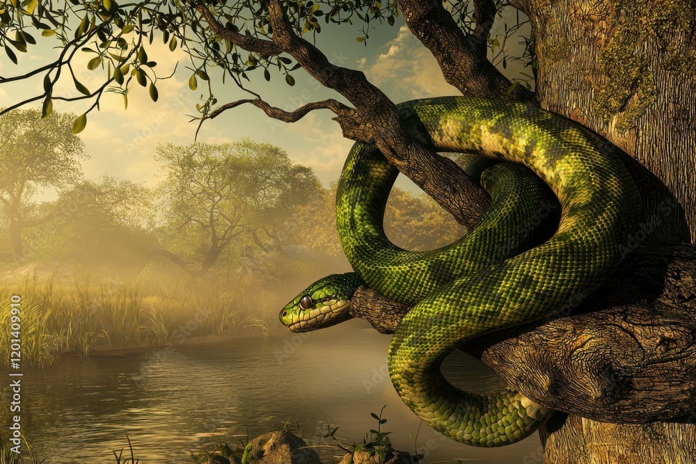 Naklejka premium A stunning image of a green anaconda coiled around a tree branch near a tranquil river.