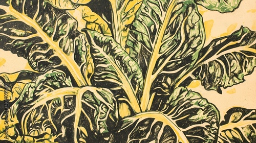 Vintage etching of Swiss chard in yellow, classic and detailed High quality illustration