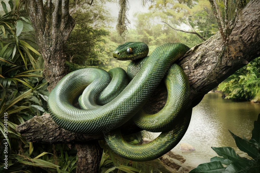 A stunning image of a green anaconda coiled around a tree branch near a tranquil river.