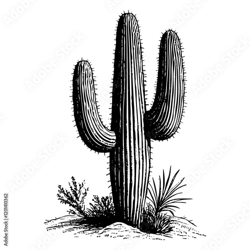 Cactus on desert sketch engraving black and white outline. Scratch board imitation.  illustrated in vintage line art style on a white background.