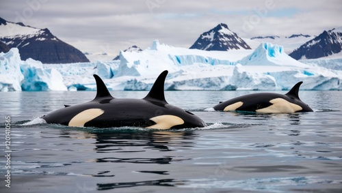 Black and white penguins on icy Antarctic snow, marine mammals in a vast blue ocean