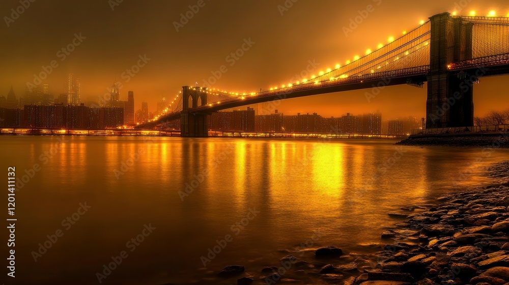 Fototapeta premium Brooklyn Bridge at dawn with the New York City skyline in the background, golden light reflecting off the East River