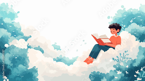 Wide-angle shot of boy reading books with clouds, promoting Literature Day celebration