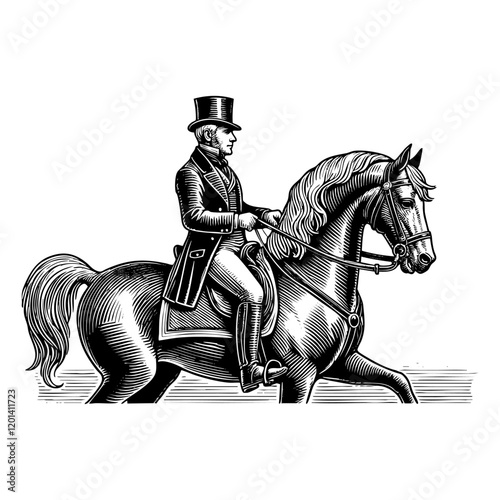 Man with top hat riding horse sketch engraving black and white outline. Scratch board imitation.
