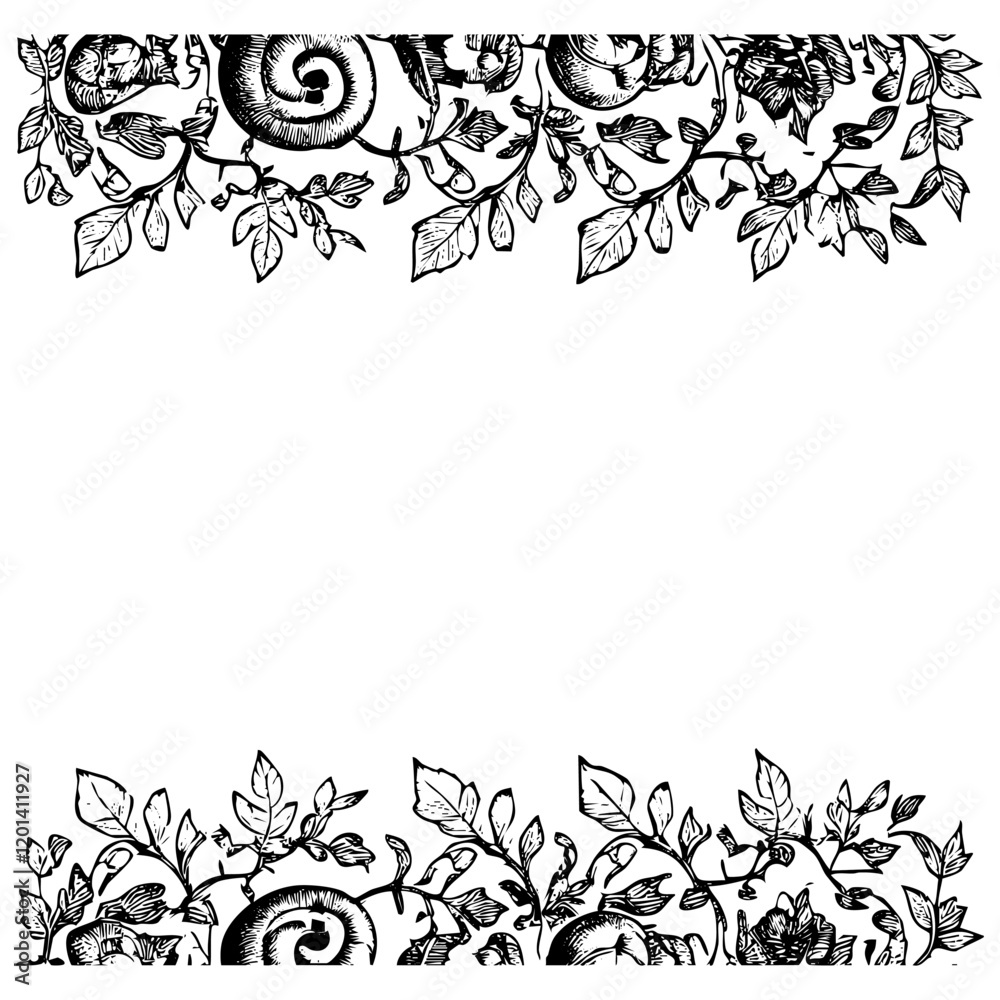 Leaf decoration sketch engraving black and white outline. Scratch board imitation.
