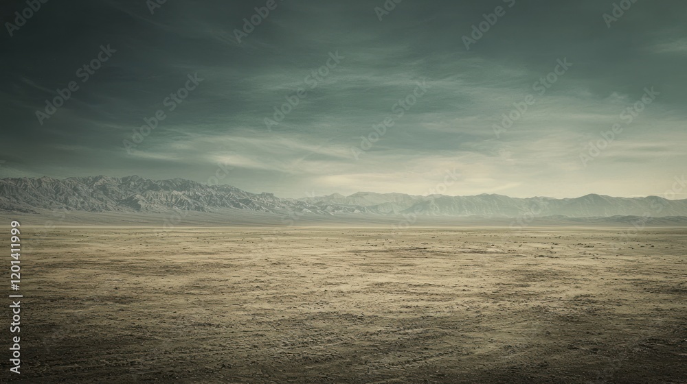 Obraz premium Vast Desert Landscape Under a Moody Sky: Awe-Inspiring Panorama of Arid Terrain and Distant Mountains