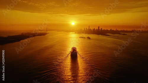 Helicopter view of New York Harbor at sunset, with Staten Island Ferry crossing and distant skyscrapers glowing in the horizon