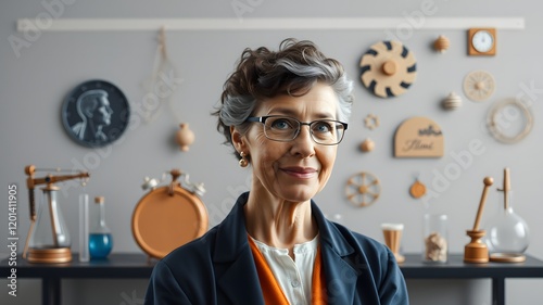 Distinguished Woman in Science Depicted Amidst Symbols Showcasing Her Notable Achievements photo