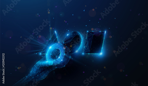 Abstract illustration of low poly hand putting cylinder into shape sorting toy in the center. Blue geometric background on problem solving, machine learning and recognition concept by wireframe mesh