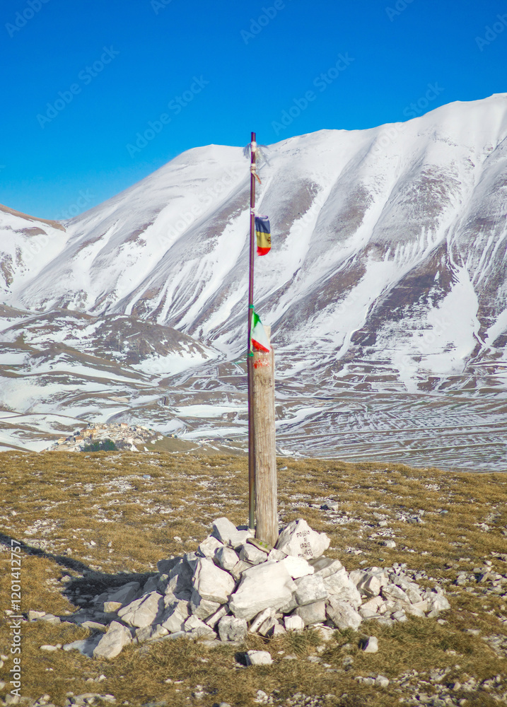 Monti Sibillini (Italy) - The landscape summit in Marche and Umbria region, municipal of Montemonaco, Amandola and Norcia. Sibillini panoramic winter landmark, alpinistic with snow