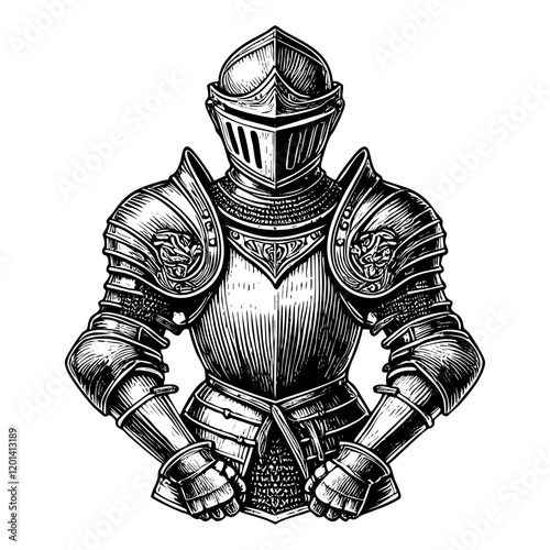 Knight armor engraving black and white outline. Scratch board imitation.  illustrated in vintage line art style on a white background.
