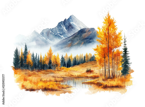 Autumn landscape watercolor mountains nature vibrant colors scenic view seasonal beauty isolated on transparent background png