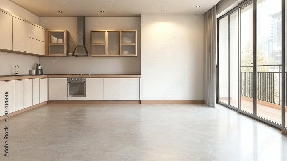 Obraz premium Modern Empty Kitchen with Concrete Floor and Balcony