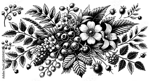 Blueberry fruit, leaves and flower sketch engraving black and white outline. Scratch board imitation.  illustrated in vintage line art style on a white background.
