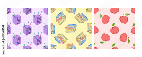 Seamless pattern with pencil holders, books and apples on pastel background