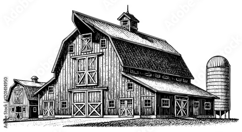 barn on farm land sketch engraving black and white outline. Scratch board imitation.

