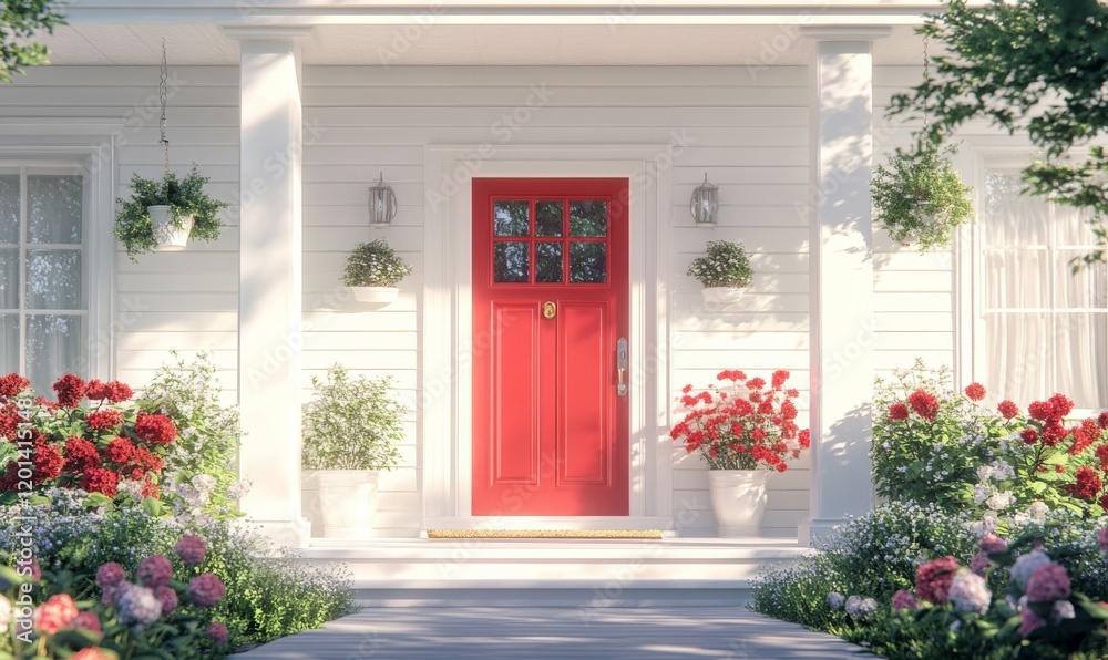 Fototapeta premium A charming white house porch with a red door and potted flowers.
