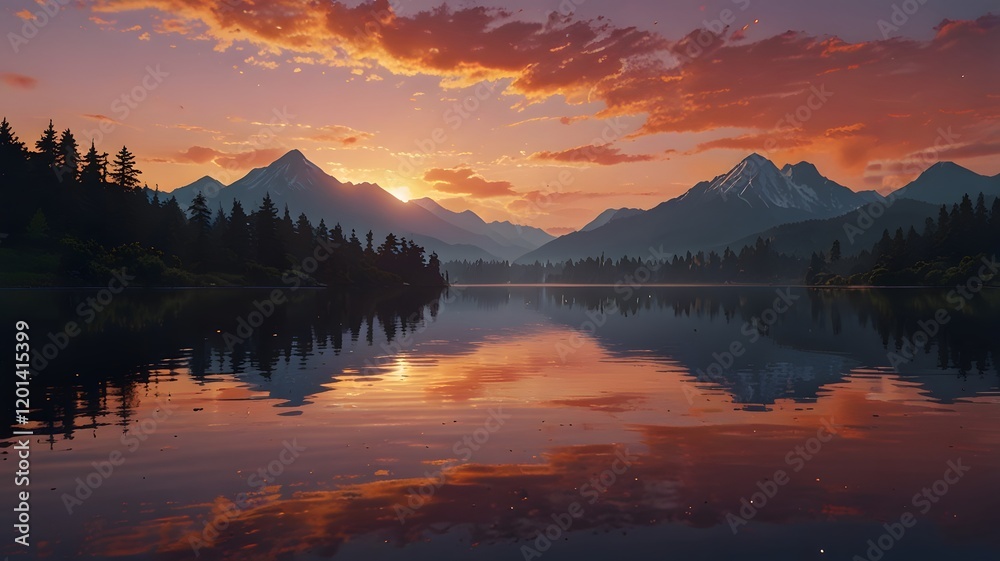 Fototapeta premium Serene Mountain Lake Sunset with Reflection and Vibrant Sky V2